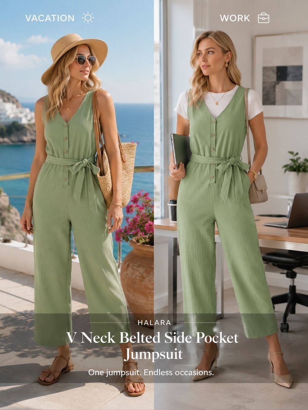 V Neck Belted Side Pocket Jumpsuit